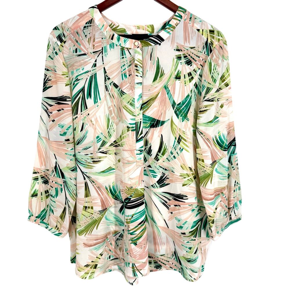 JM Collection XL Beachy Tropical Green Pink Summer Blouse Shirt Top Formal
